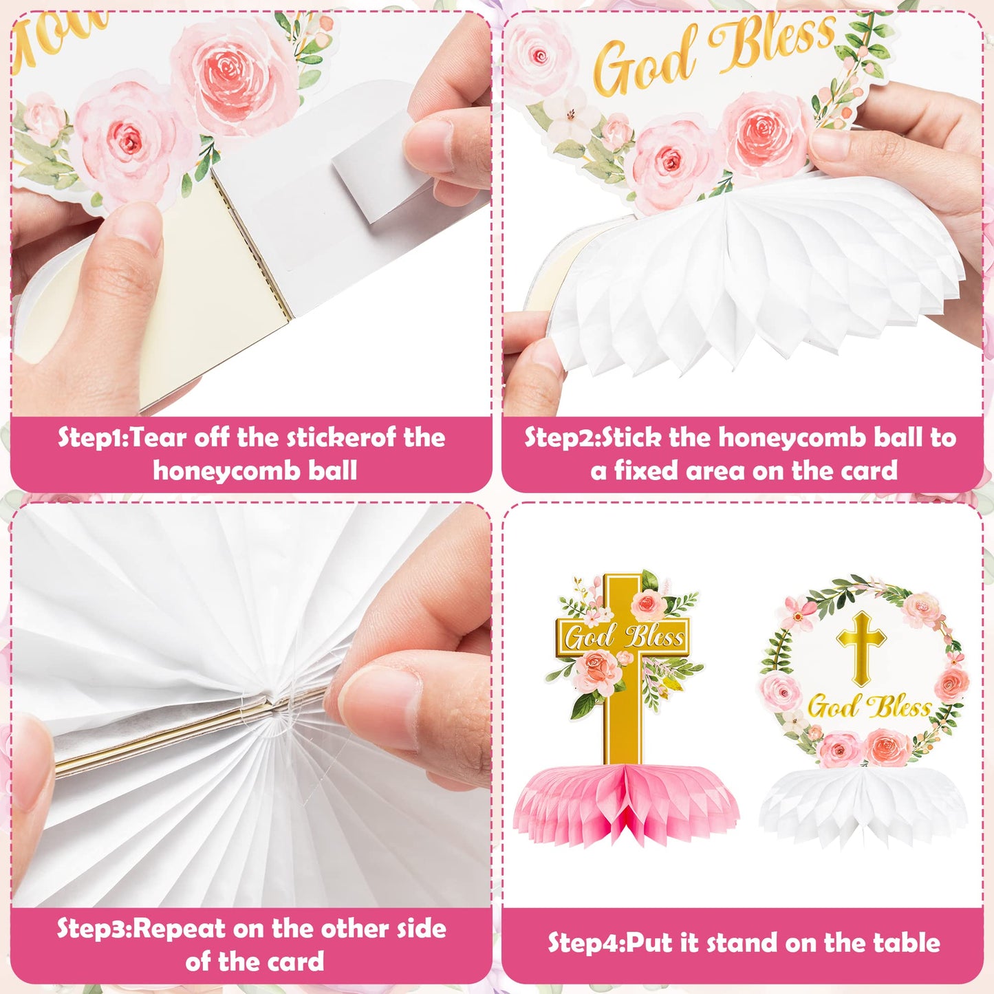 ANGOLIO Floral God Bless 12Pcs Honeycomb Centerpieces for First Communion & Baby Baptism