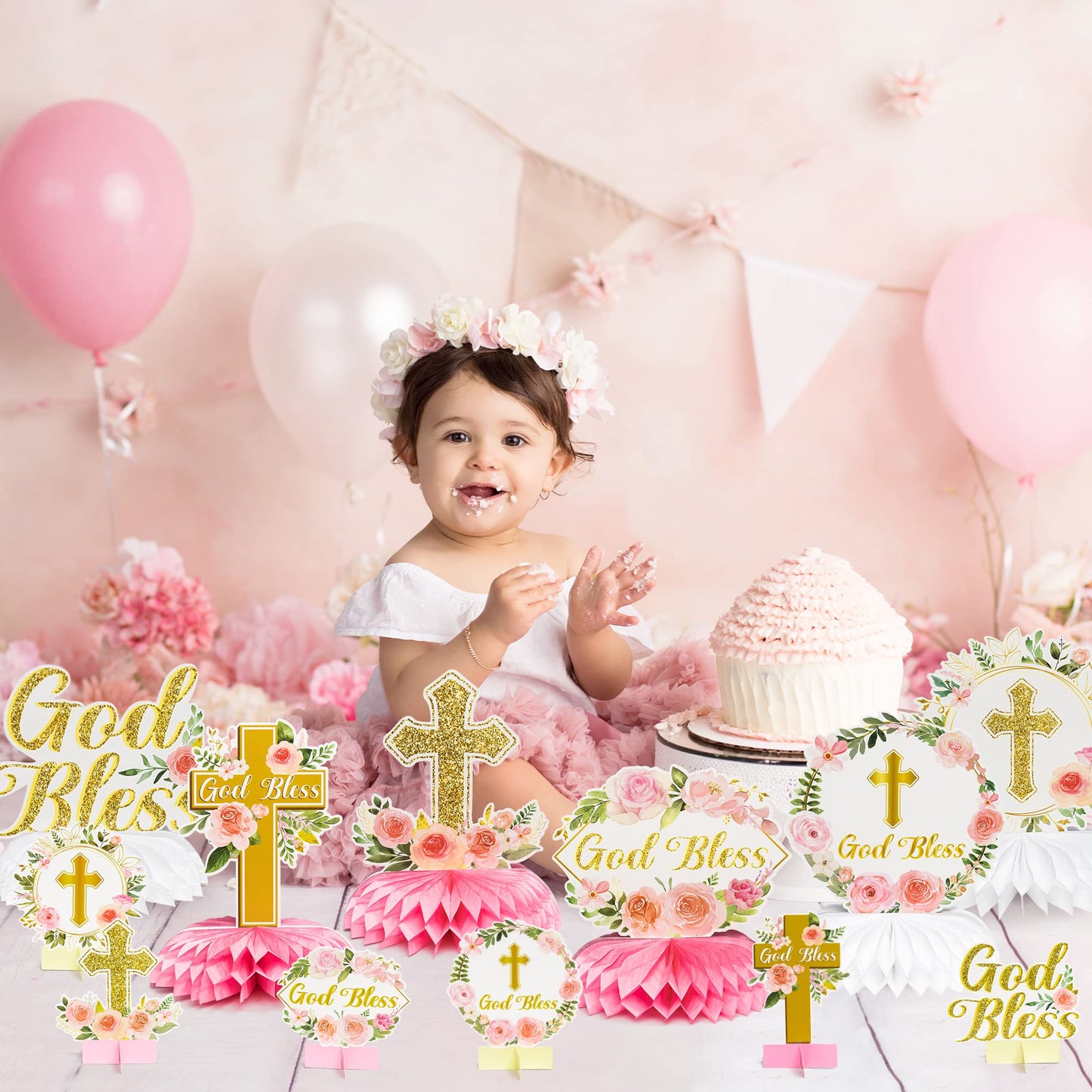 ANGOLIO Floral God Bless 12Pcs Honeycomb Centerpieces for First Communion & Baby Baptism