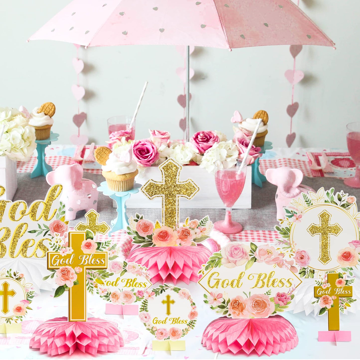 ANGOLIO Floral God Bless 12Pcs Honeycomb Centerpieces for First Communion & Baby Baptism
