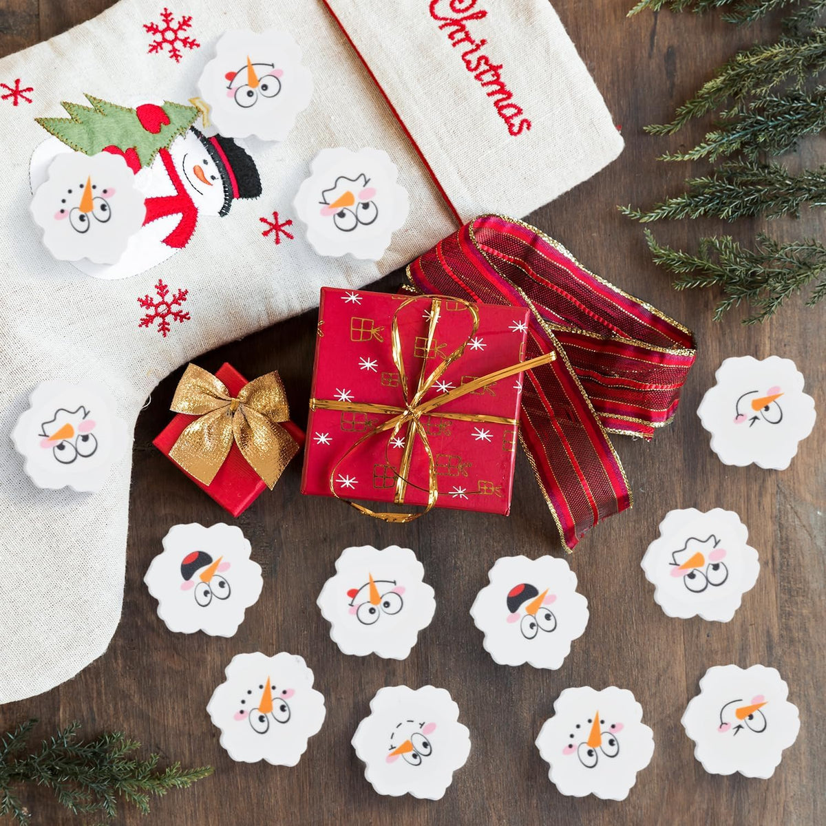 ANGOLIO Winter Snowflake Mini Erasers – 60P Snowman Faces, 3D Desk Puzzle & Classroom Rewards