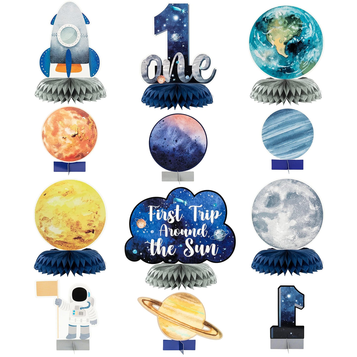 ANGOLIO 12Pcs First Trip Around The Sun Honeycomb Centerpieces – Outer Space Theme for 1st Birthday Party Decor