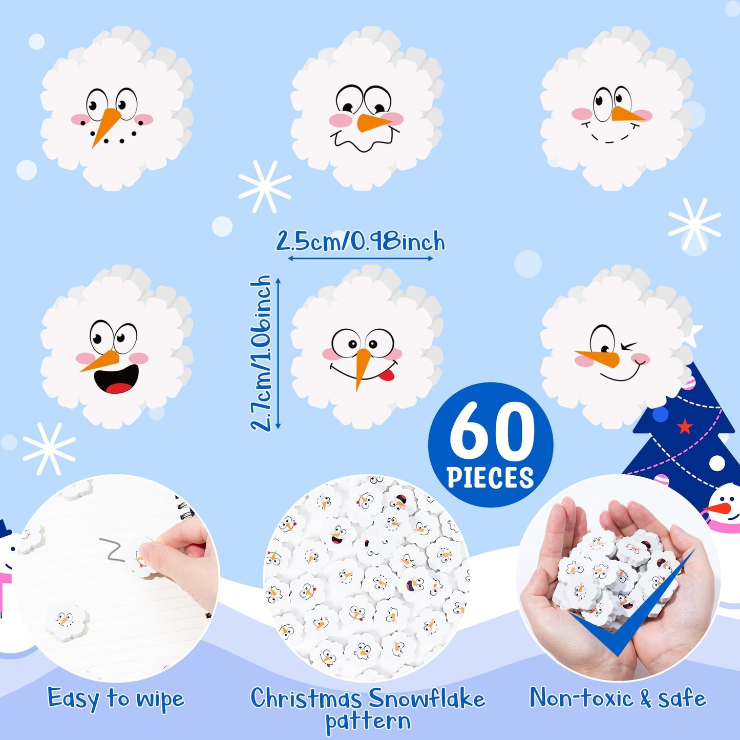 ANGOLIO Winter Snowflake Mini Erasers – 60P Snowman Faces, 3D Desk Puzzle & Classroom Rewards