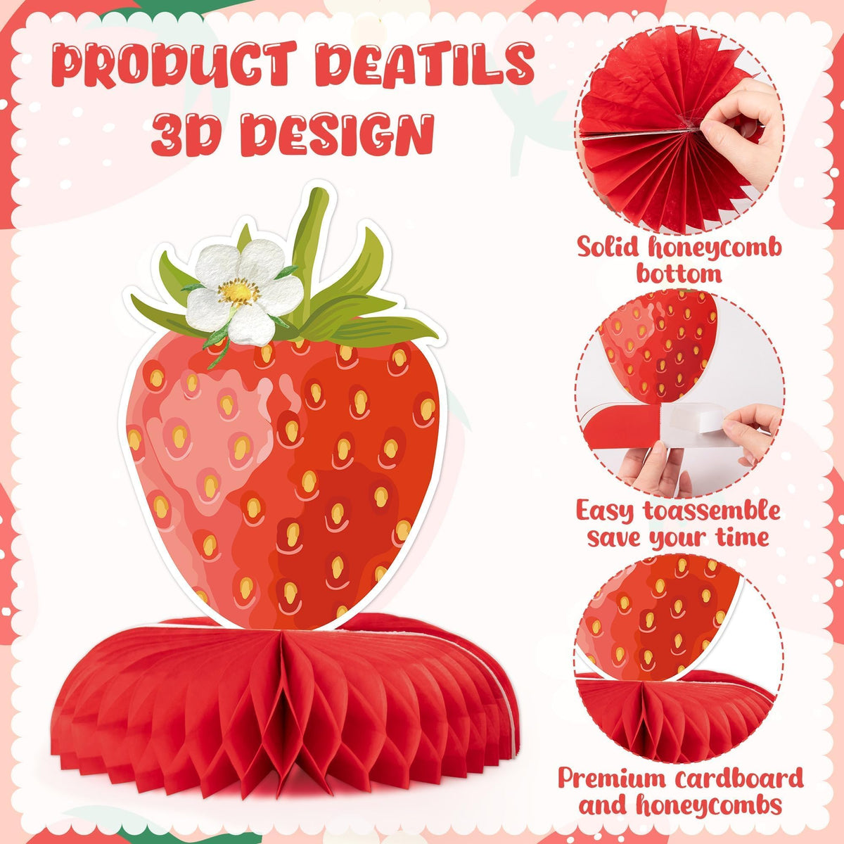 ANGOLIO Strawberry Baby Shower Decorations – 12-Piece Honeycomb Centerpieces