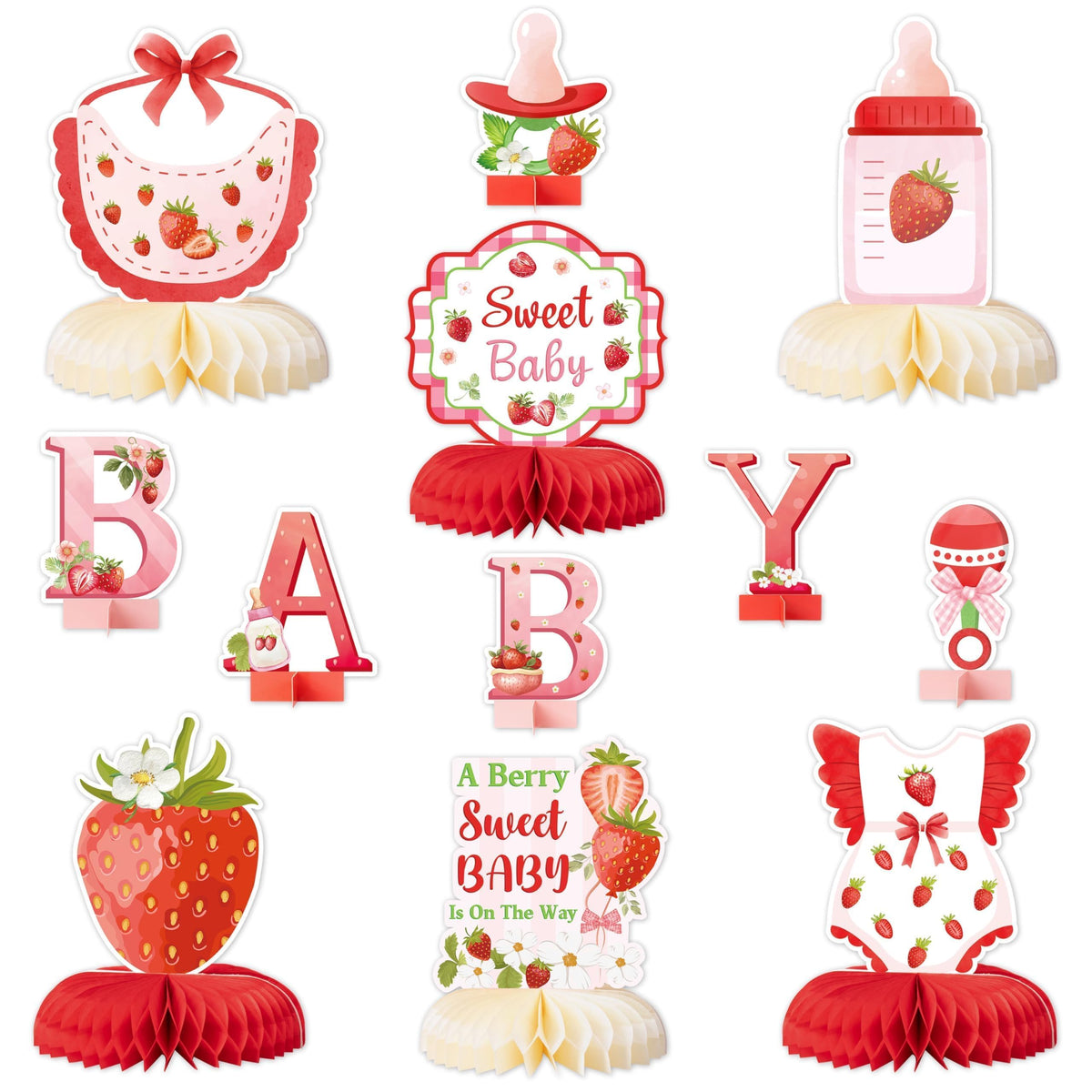 ANGOLIO Strawberry Baby Shower Decorations – 12-Piece Honeycomb Centerpieces