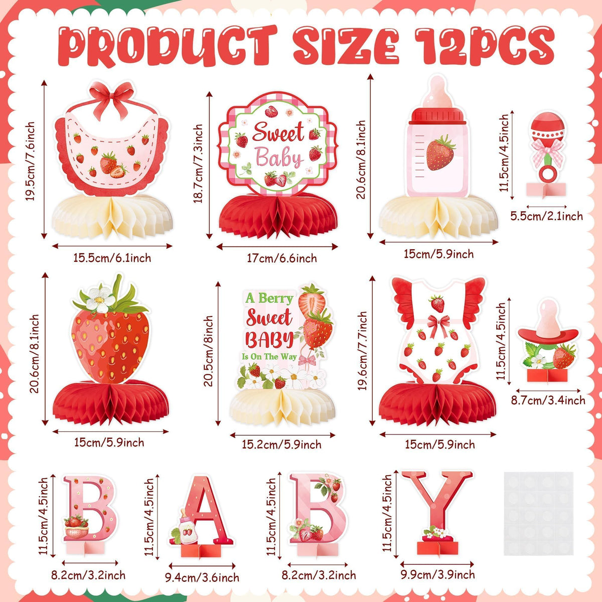 ANGOLIO Strawberry Baby Shower Decorations – 12-Piece Honeycomb Centerpieces