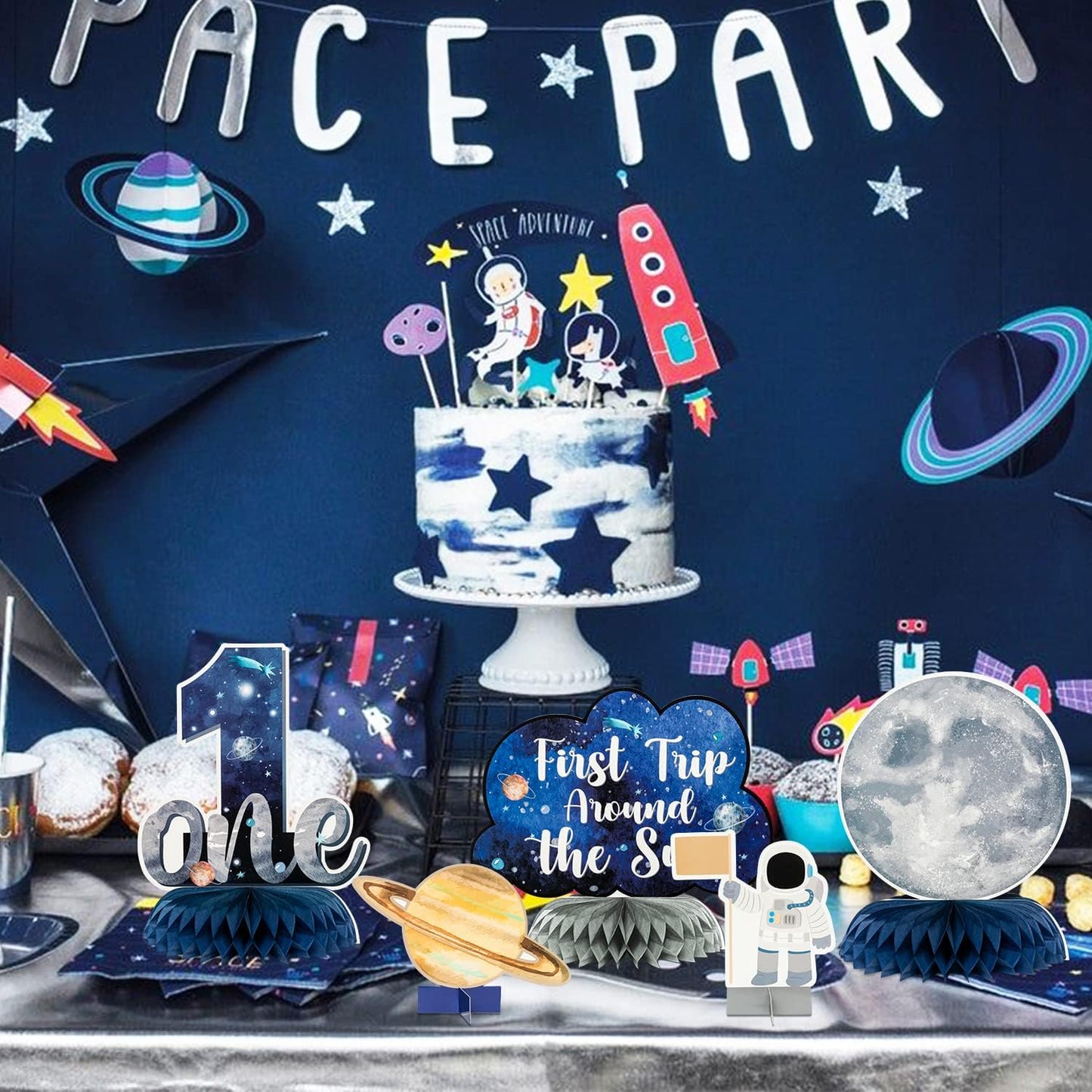 ANGOLIO 12Pcs First Trip Around The Sun Honeycomb Centerpieces – Outer Space Theme for 1st Birthday Party Decor