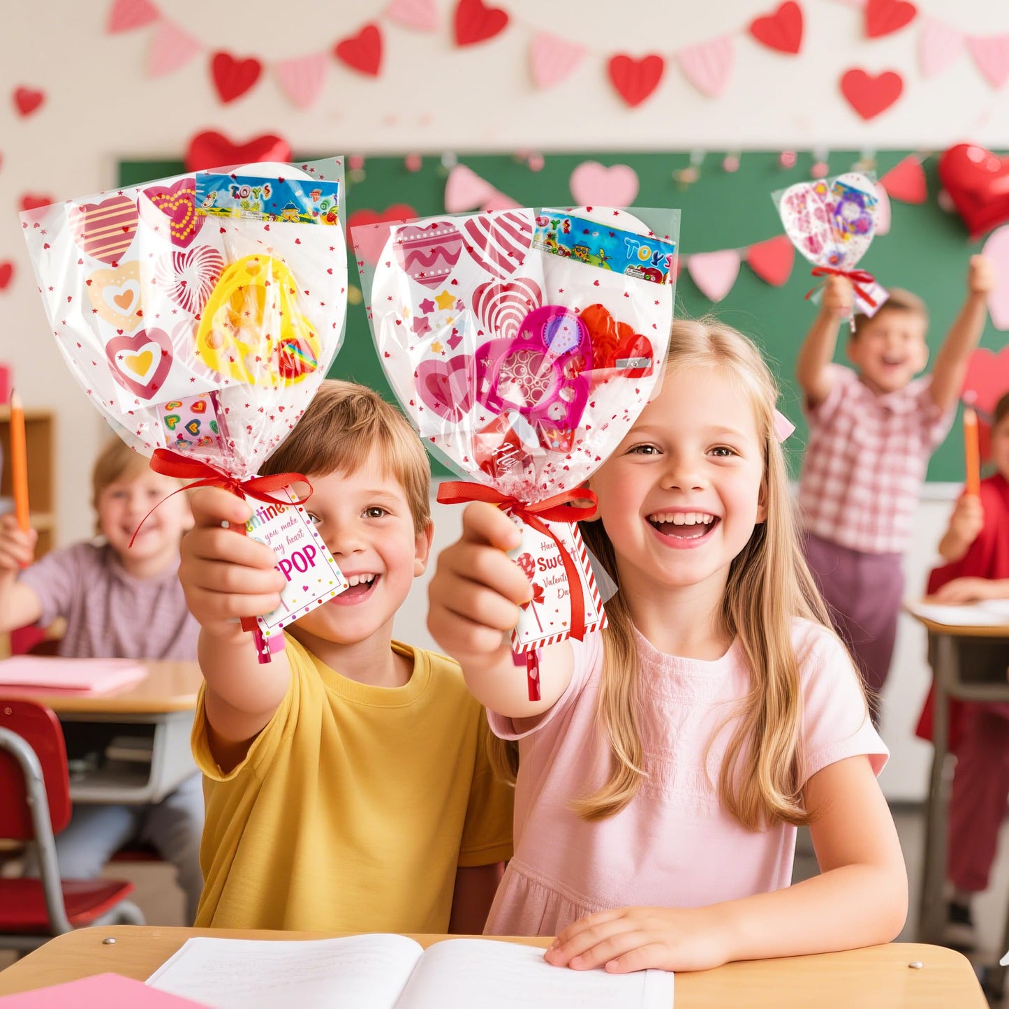 ANGOLIO Valentine’s Day Stationery Gifts for Kids – 24-Pack Giant Lollipop Set with Heart Cards & Erasers