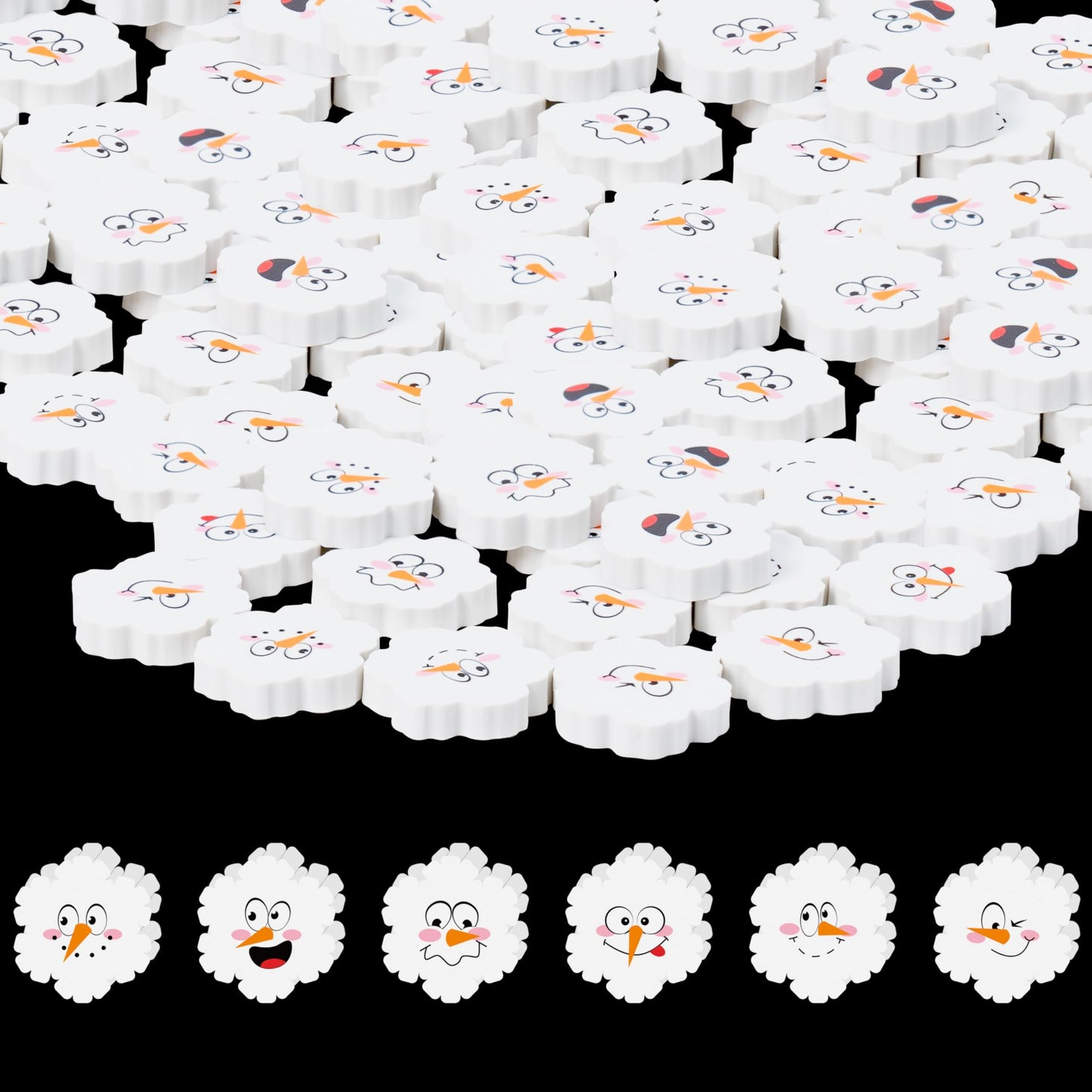 ANGOLIO Winter Snowflake Mini Erasers – 60P Snowman Faces, 3D Desk Puzzle & Classroom Rewards