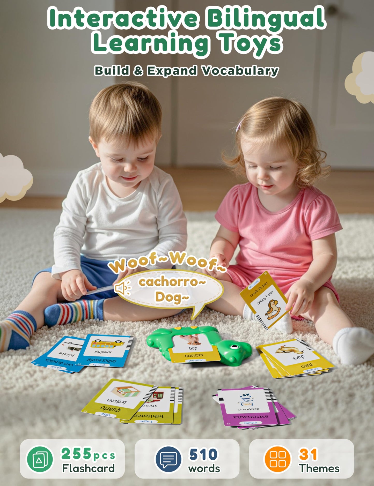 ANhovno Dinosaur Shaped Bilingual Flash Cards – 510 Sight Words English-Portuguese for Toddlers | Pocket Speech Therapy Toy