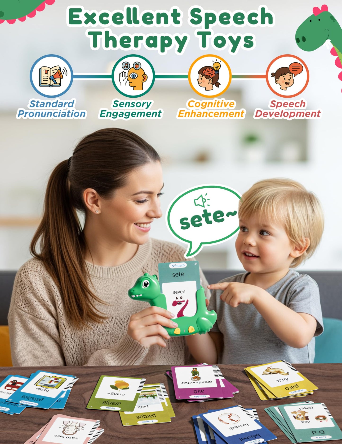 ANhovno Dinosaur Shaped Bilingual Flash Cards – 510 Sight Words English-Portuguese for Toddlers | Pocket Speech Therapy Toy