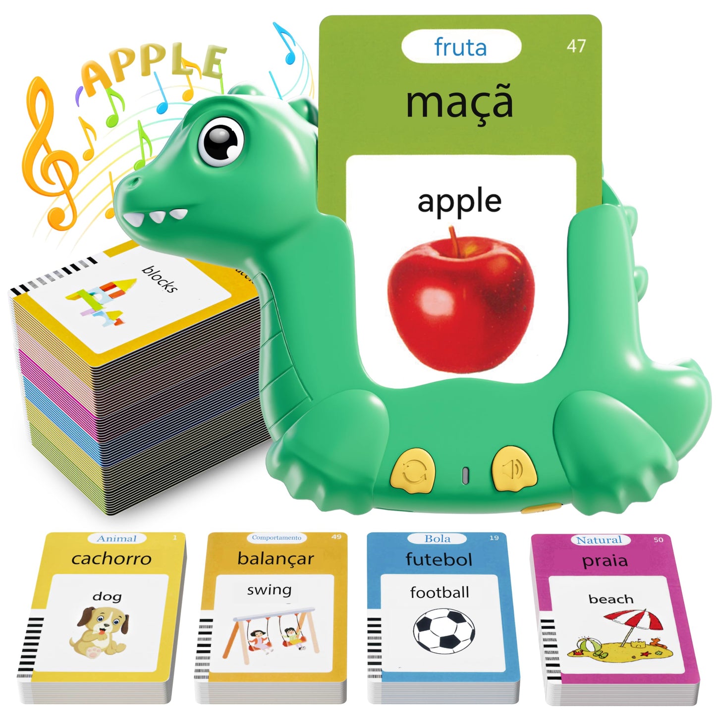 ANhovno Dinosaur Shaped Bilingual Flash Cards – 510 Sight Words English-Portuguese for Toddlers | Pocket Speech Therapy Toy