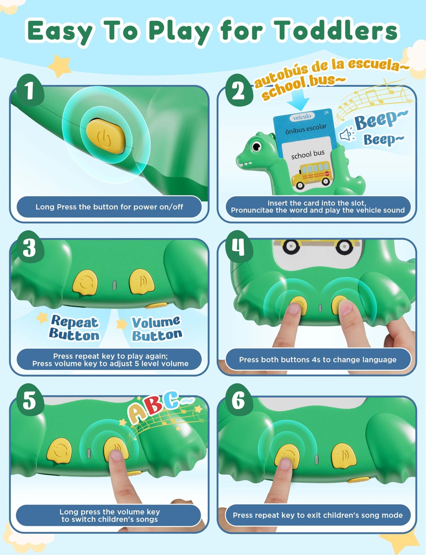 ANhovno Dinosaur Shaped Bilingual Flash Cards – 510 Sight Words English-Portuguese for Toddlers | Pocket Speech Therapy Toy