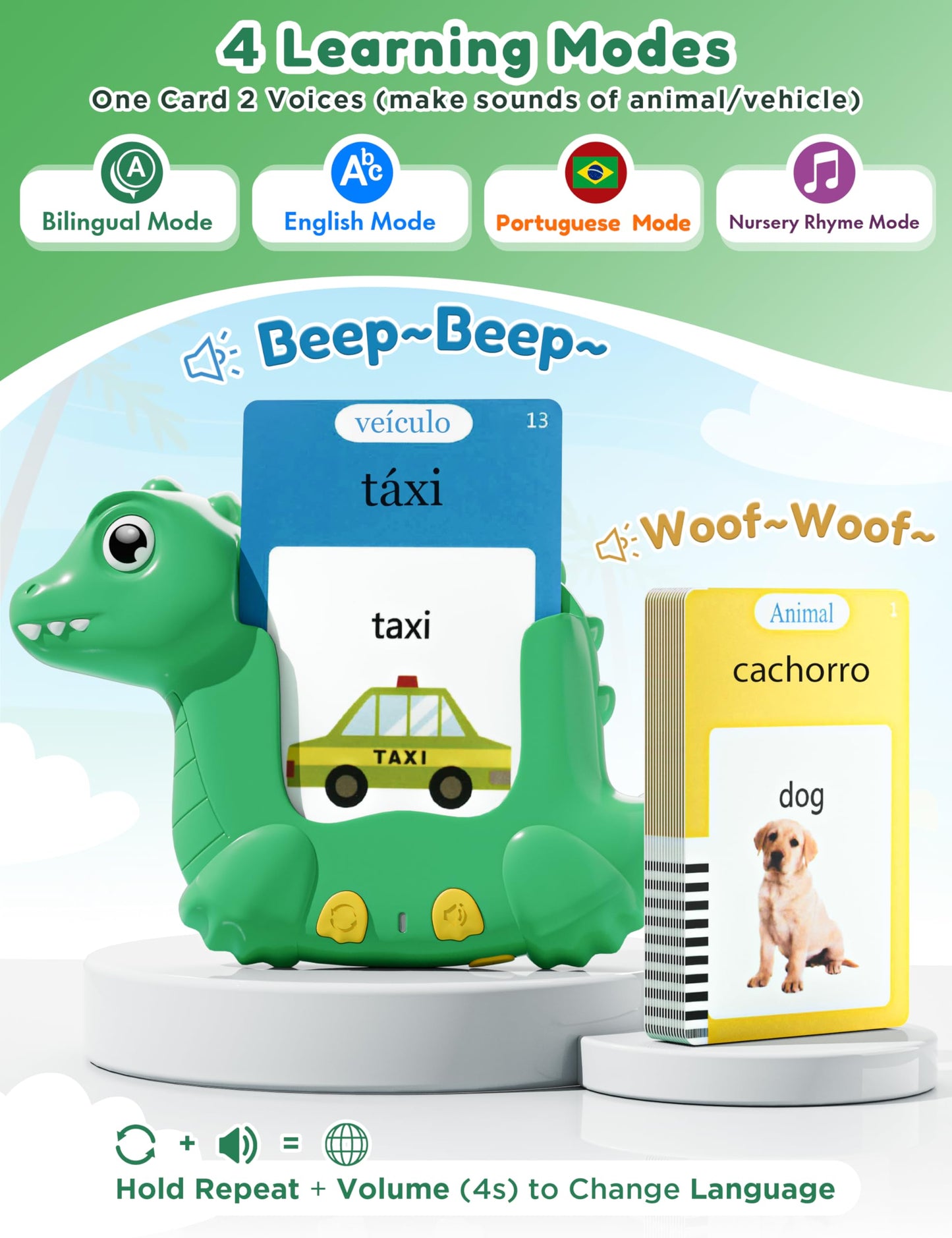 ANhovno Dinosaur Shaped Bilingual Flash Cards – 510 Sight Words English-Portuguese for Toddlers | Pocket Speech Therapy Toy