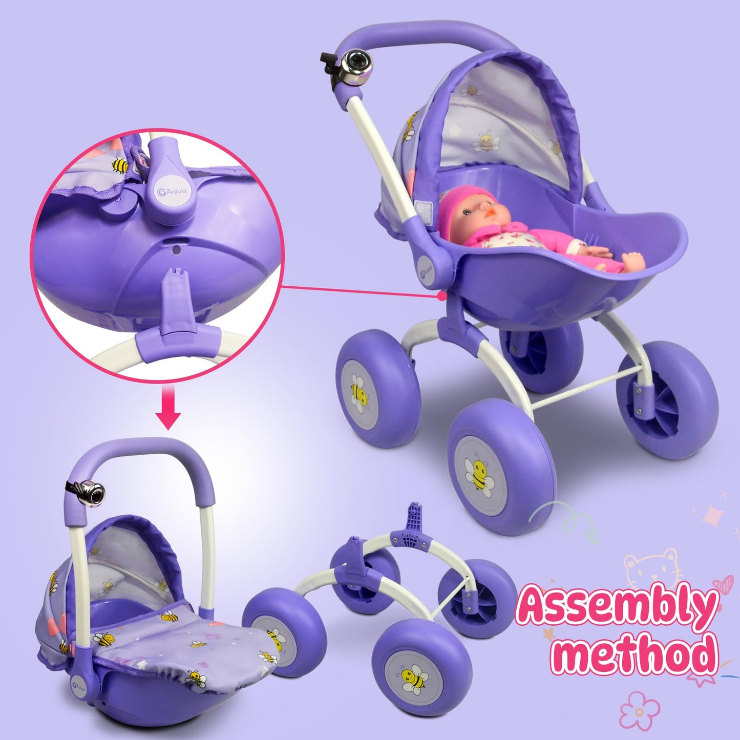 ANIVIA DT301 Purple Doll Stroller – Realistic Foldable Toy Pram for Toddlers & Girls