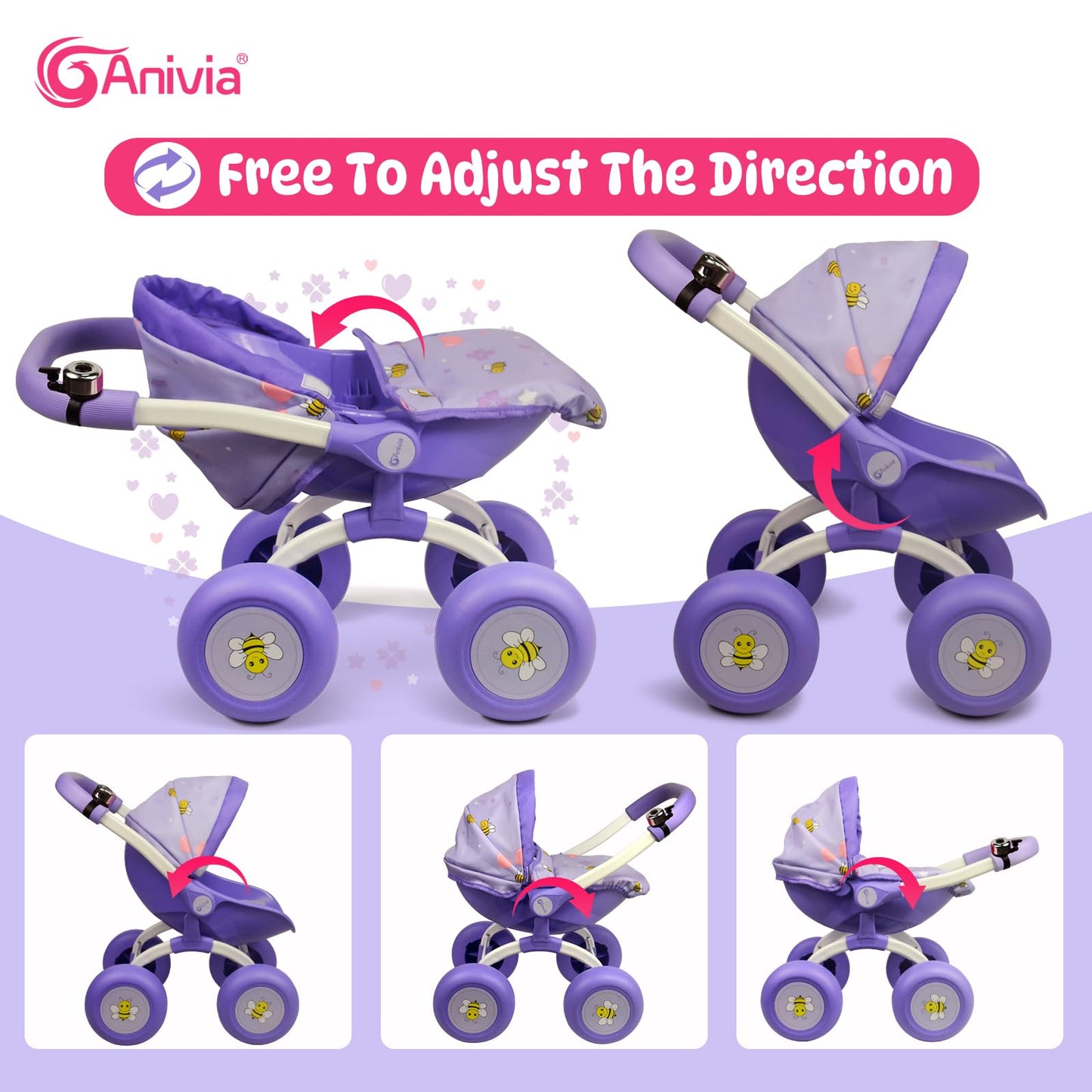 ANIVIA DT301 Purple Doll Stroller – Realistic Foldable Toy Pram for Toddlers & Girls