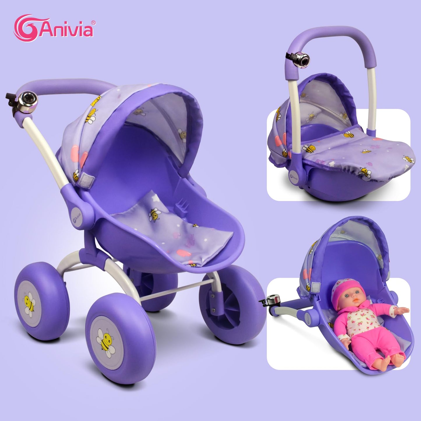 ANIVIA DT301 Purple Doll Stroller – Realistic Foldable Toy Pram for Toddlers & Girls