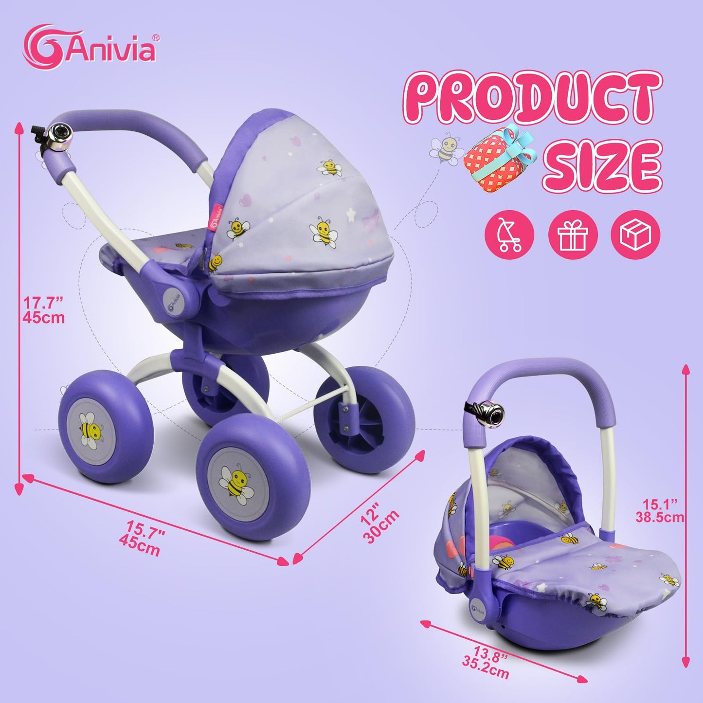 ANIVIA DT301 Purple Doll Stroller – Realistic Foldable Toy Pram for Toddlers & Girls