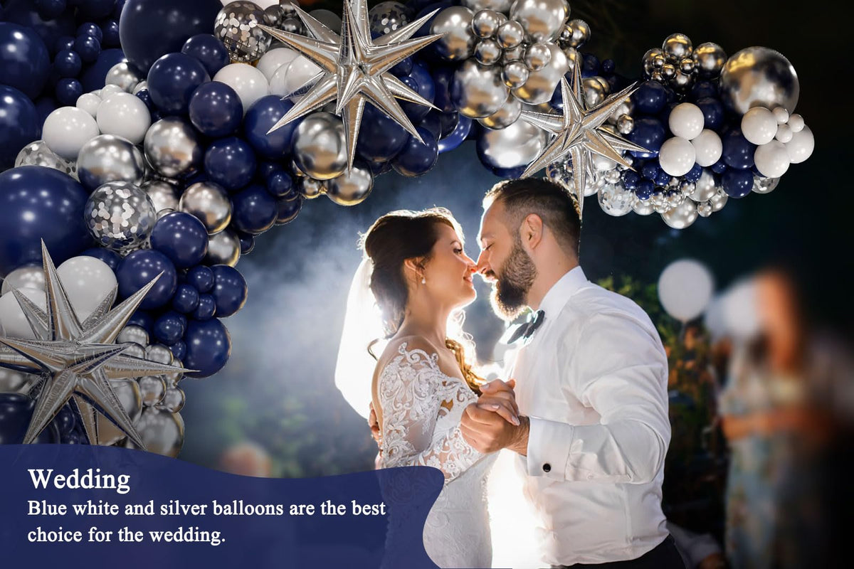 Anjerlfu 130pcs Navy Blue and Silver Balloon Garland Arch Kit – Royal Blue, Metallic Silver & White Party Decorations