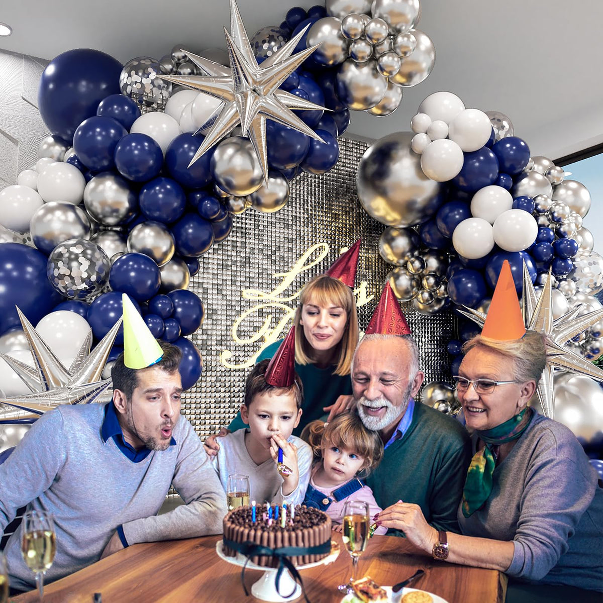 Anjerlfu 130pcs Navy Blue and Silver Balloon Garland Arch Kit – Royal Blue, Metallic Silver & White Party Decorations