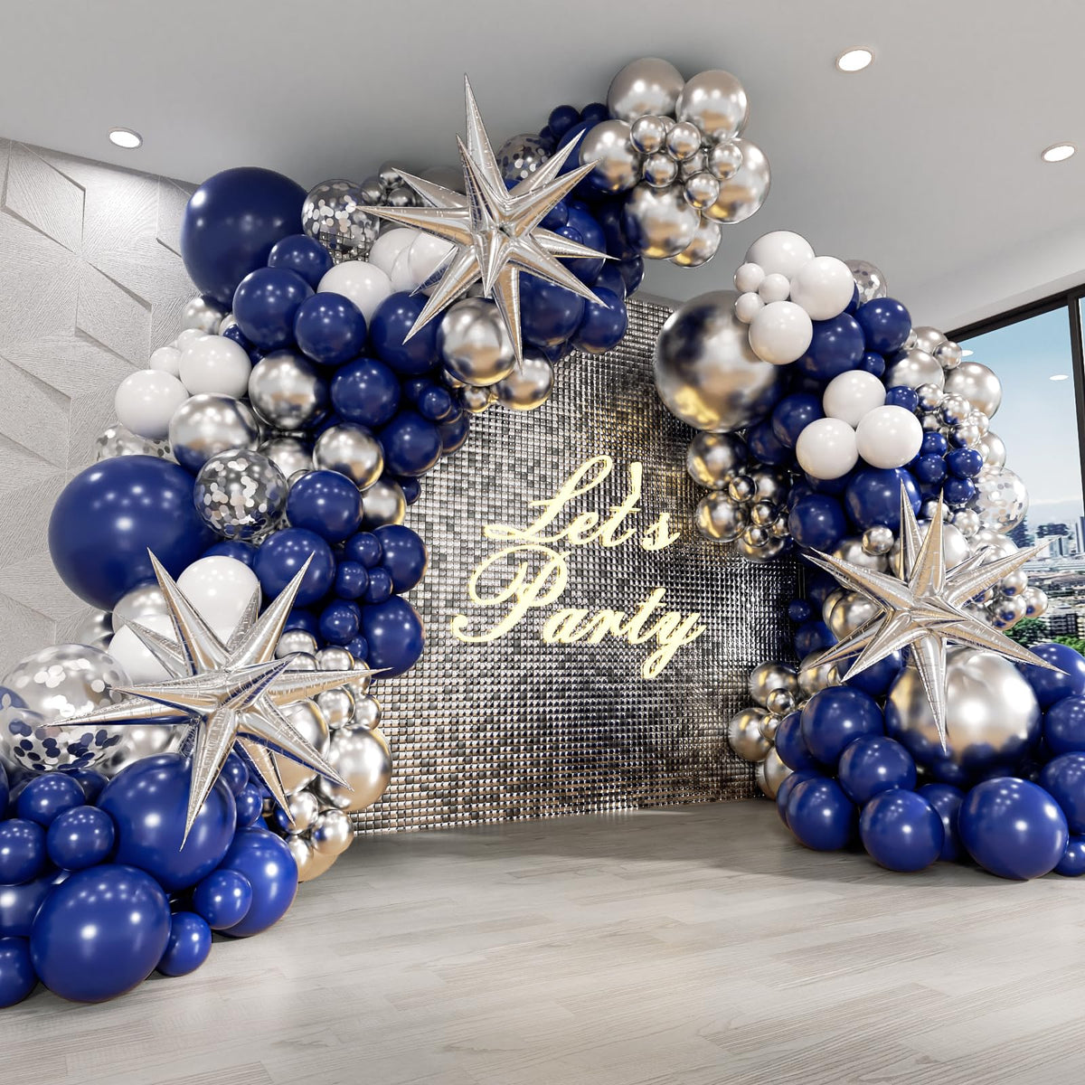 Anjerlfu 130pcs Navy Blue and Silver Balloon Garland Arch Kit – Royal Blue, Metallic Silver & White Party Decorations