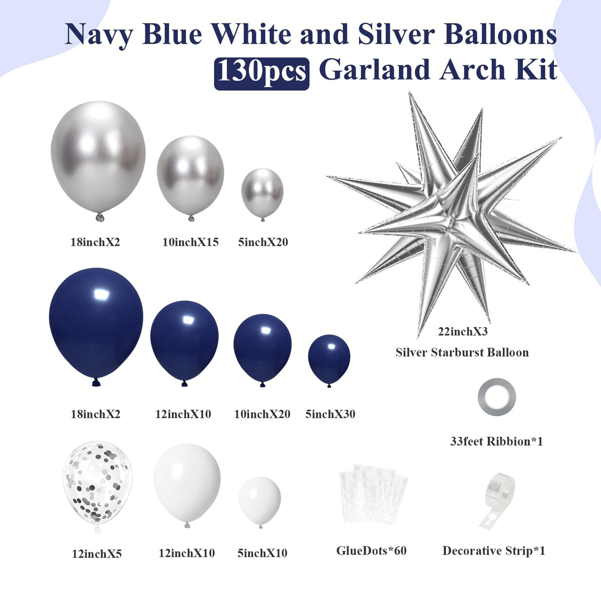 Anjerlfu 130pcs Navy Blue and Silver Balloon Garland Arch Kit – Royal Blue, Metallic Silver & White Party Decorations