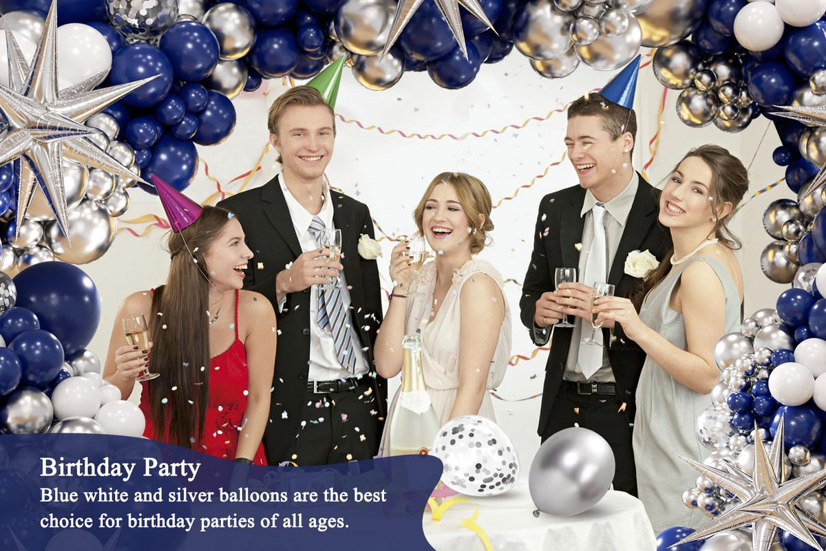 Anjerlfu 130pcs Navy Blue and Silver Balloon Garland Arch Kit – Royal Blue, Metallic Silver & White Party Decorations