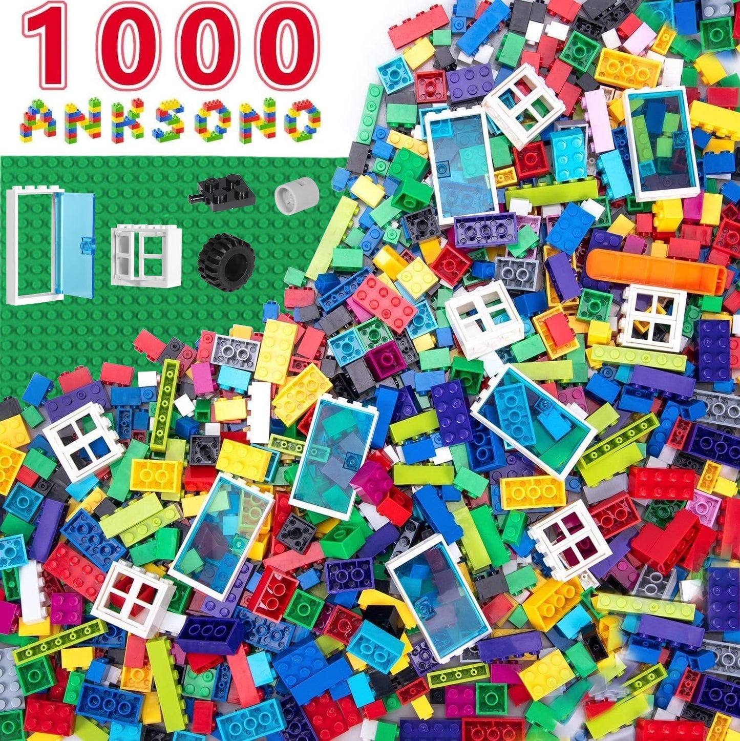 Anksono 1000-Piece Building Bricks Set – Wheels, Windows & Doors