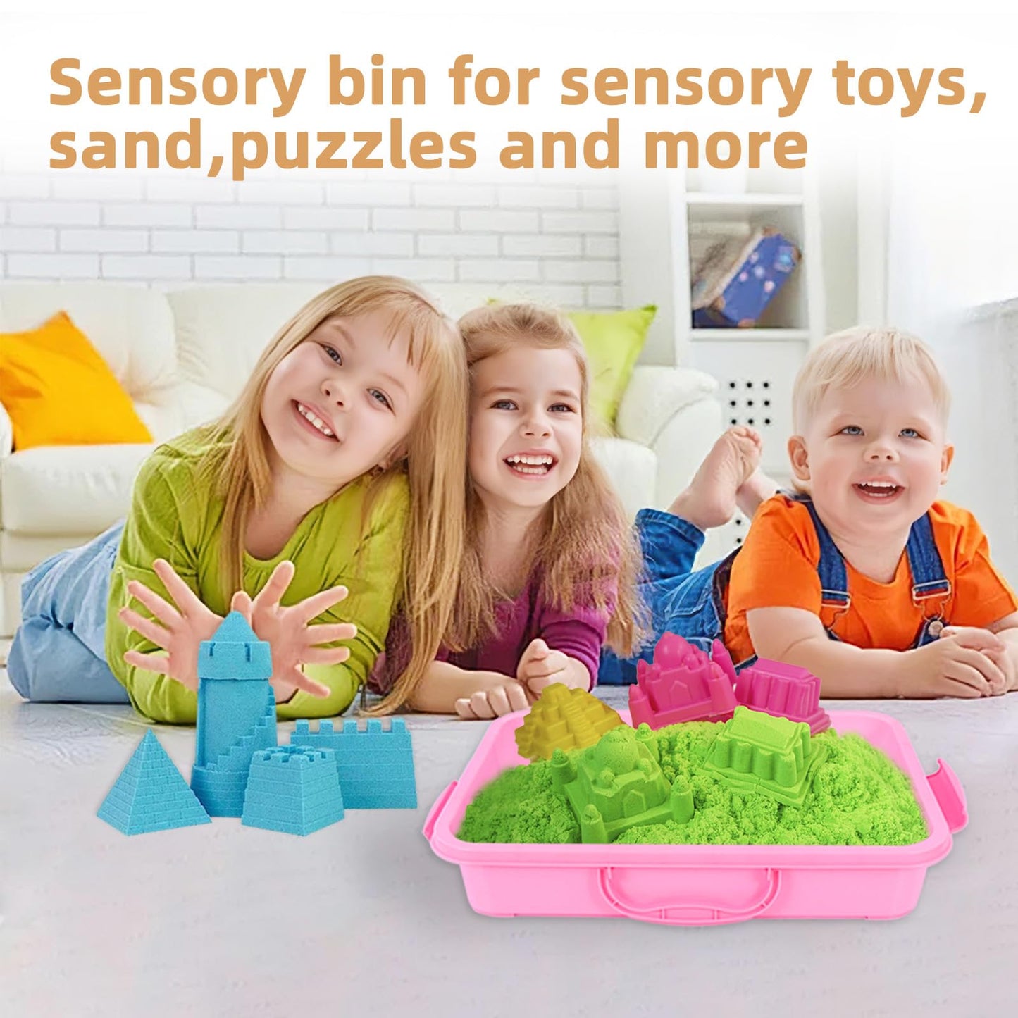 Annchwool 3-Piece Plastic Sensory Bins – Portable Stackable Sandbox Trays with Handle & Clear Lid (Green, Blue, Pink)