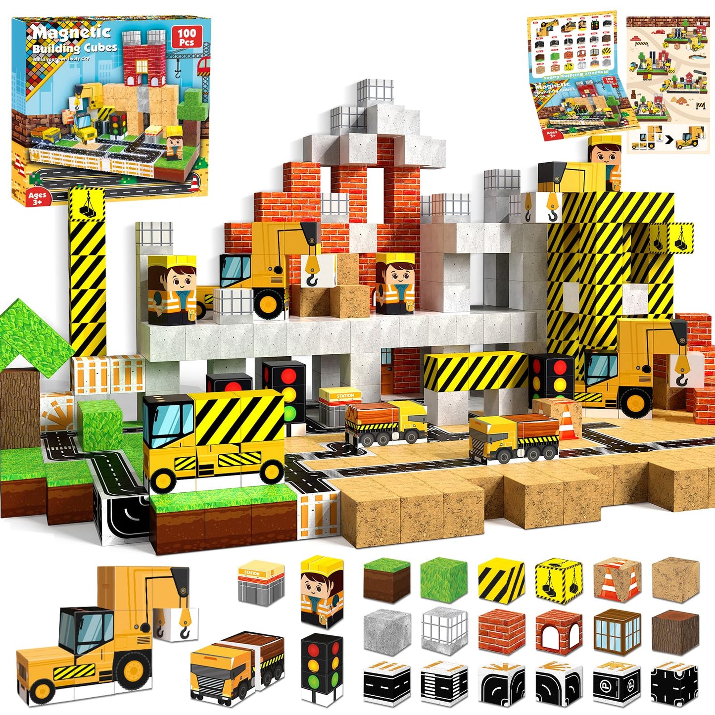 Annexfun Magnetic Blocks 100pcs – STEM Building Set with Crane & Road Play for Ages 3+