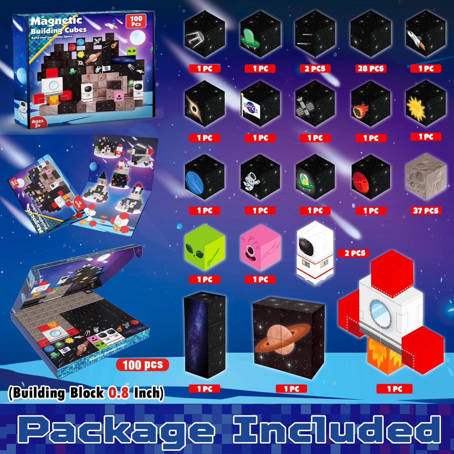 Annexfun Magnetic Blocks 100PCS – Space Rocket STEM Building Tiles for Kids 3-10