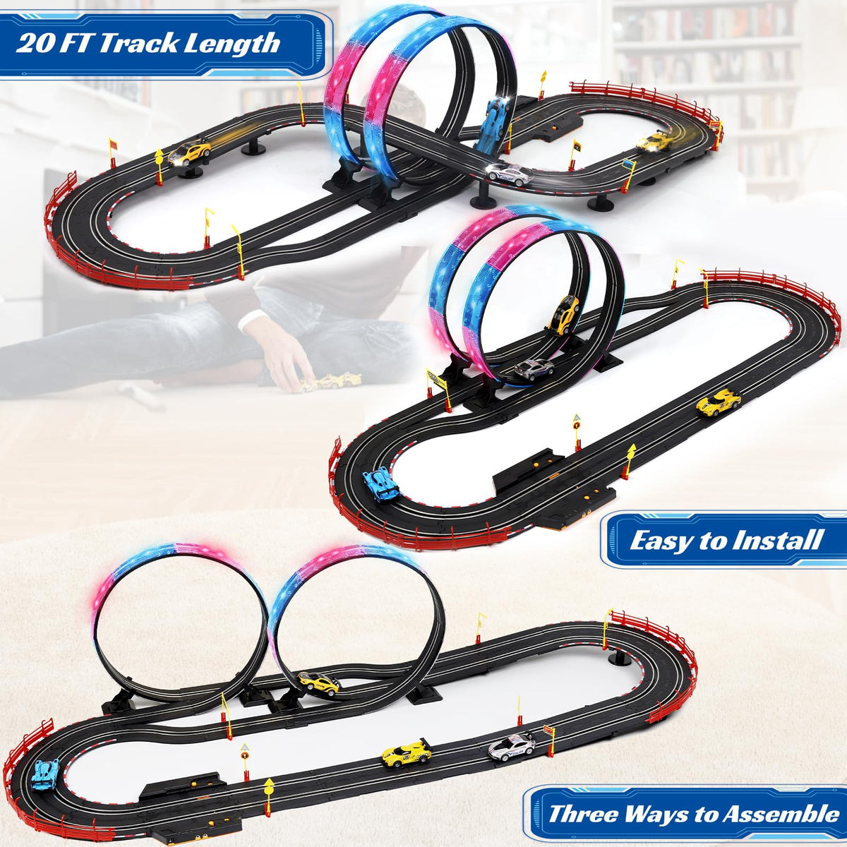ANNKIE Slot Car Race Track Set — 20ft Dual Overpass with 4 High-Speed Cars