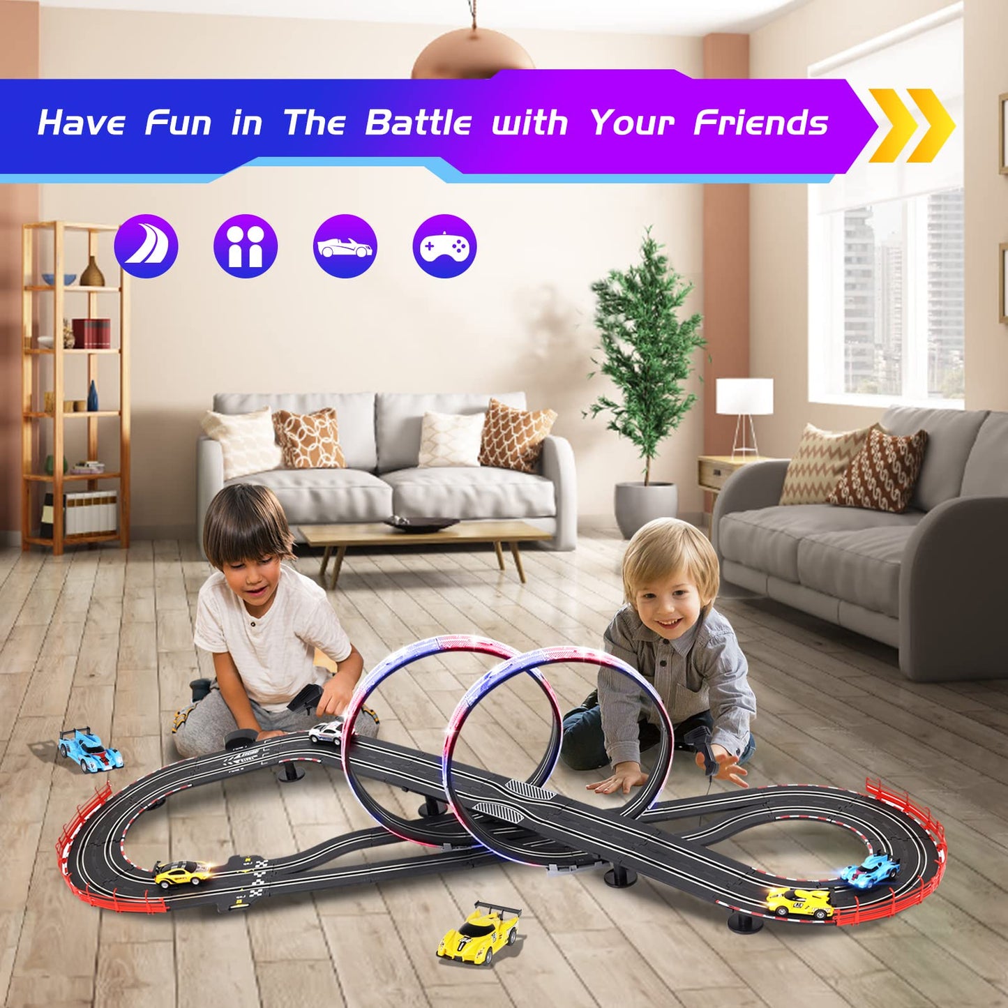 ANNKIE Slot Car Race Track Set — 20ft Dual Overpass with 4 High-Speed Cars