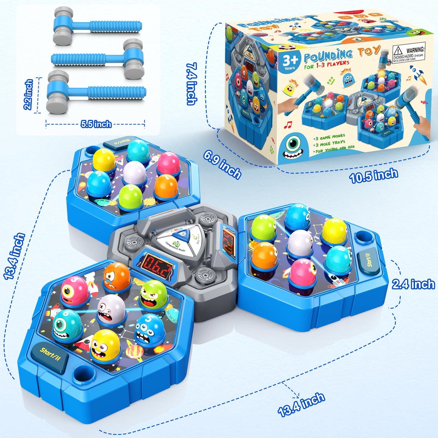 ANNKIE Whack Game Mole – 3-Mode Interactive Pounding Toy for 1-3 Players