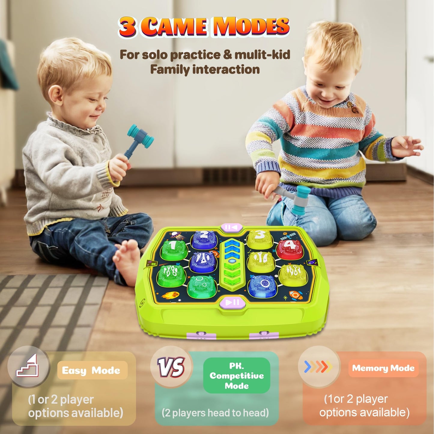 ANNKIE Whack Game Mole Toy – Pounding Toy with 3 Modes, 2 Hammers, Music & Lights (Ages 3-8)