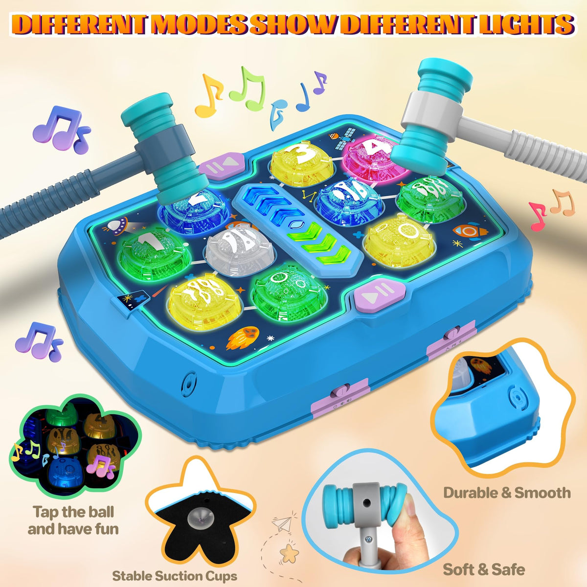 ANNKIE Whack Game Mole — Interactive Pounding Toy for Toddlers 3-8 with 2 Hammers, 3 Modes, Music & Light