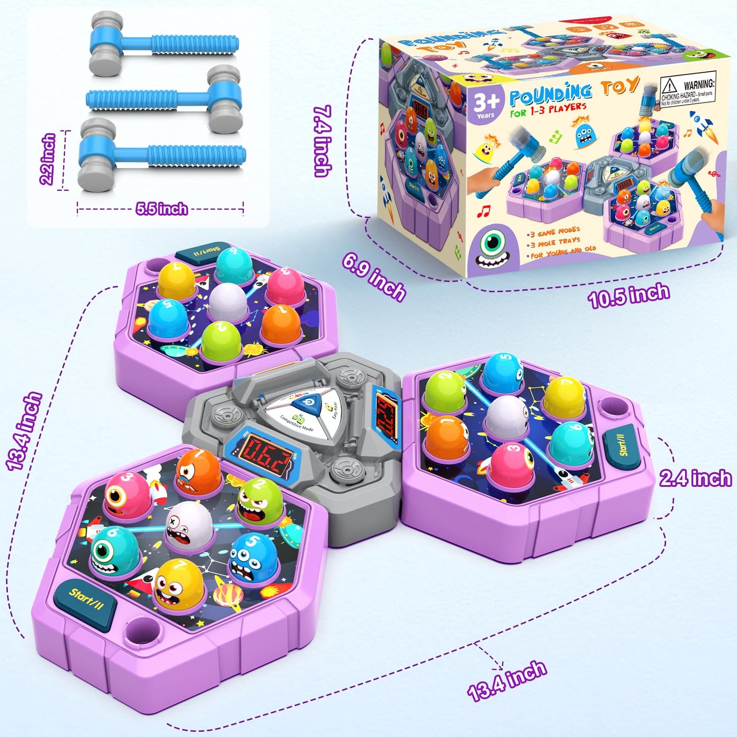 ANNKIE Whack Game Mole for Kids – 3 Modes, 2 Hammers, Safe Educational Toy