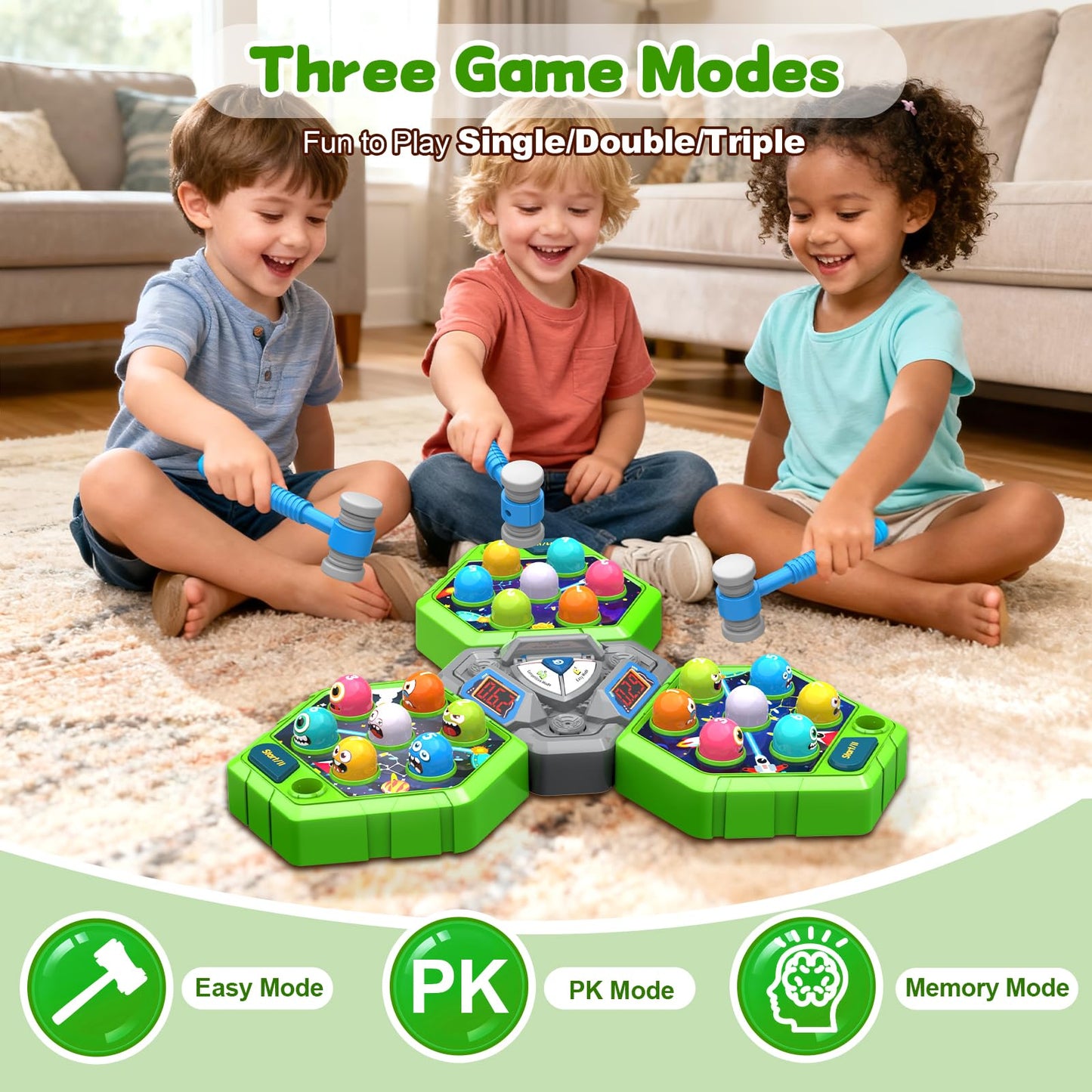 ANNKIE Whack Game Mole for Kids – 3 Modes, 1–3 Players, Interactive Educational Toy