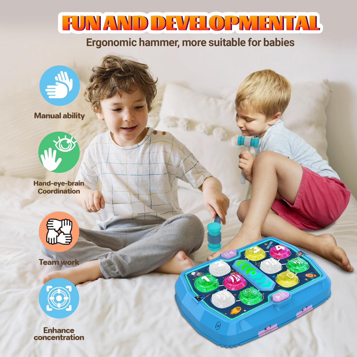 ANNKIE Whack Game Mole — Interactive Pounding Toy for Toddlers 3-8 with 2 Hammers, 3 Modes, Music & Light