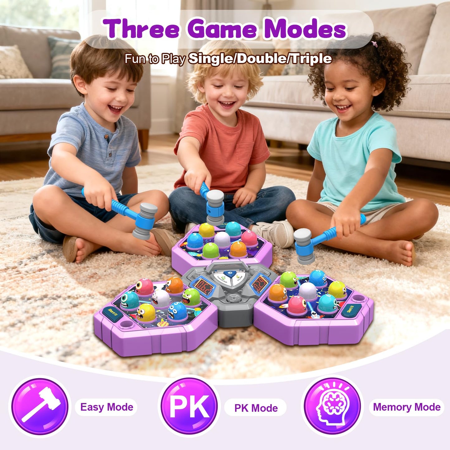 ANNKIE Whack Game Mole for Kids – 3 Modes, 2 Hammers, Safe Educational Toy