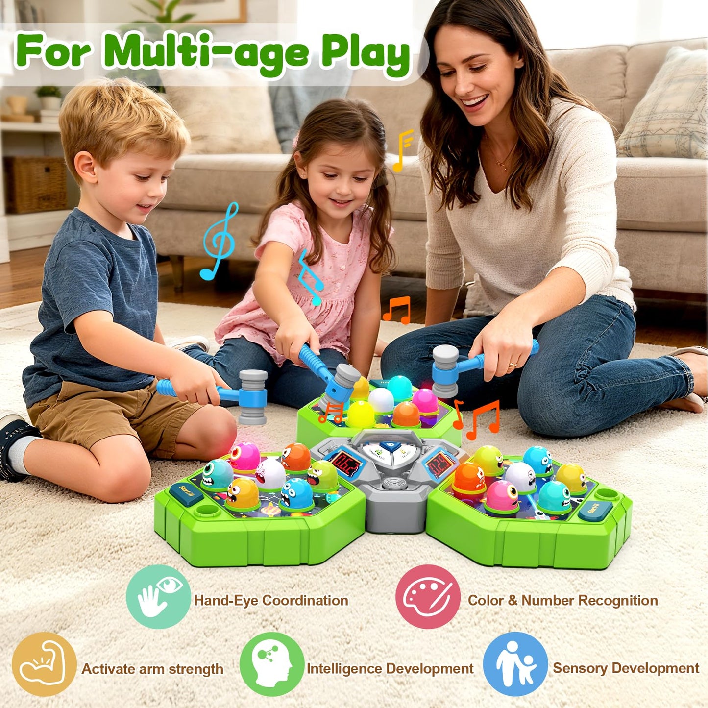 ANNKIE Whack Game Mole for Kids – 3 Modes, 1–3 Players, Interactive Educational Toy