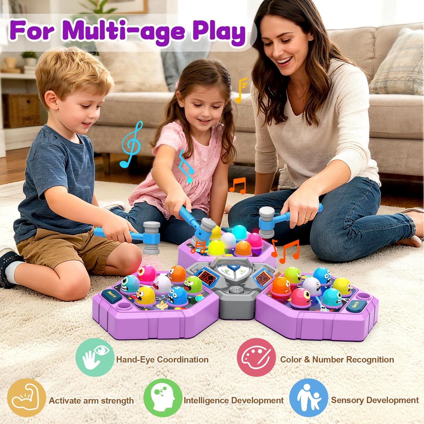 ANNKIE Whack Game Mole for Kids – 3 Modes, 2 Hammers, Safe Educational Toy
