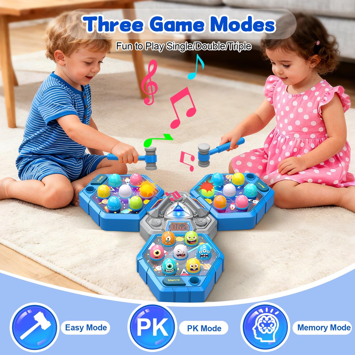 ANNKIE Whack Game Mole – 3-Mode Interactive Pounding Toy for 1-3 Players
