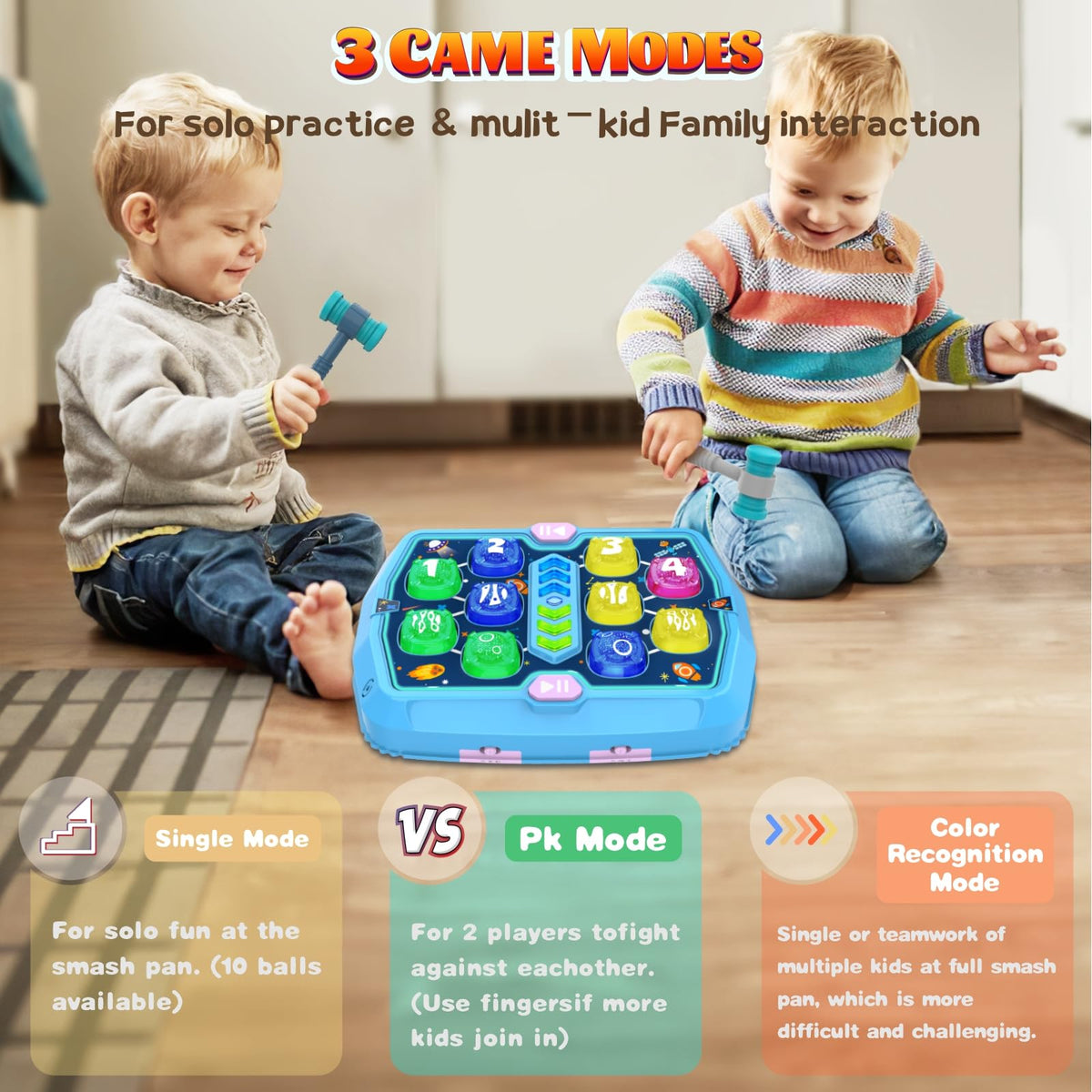 ANNKIE Whack Game Mole — Interactive Pounding Toy for Toddlers 3-8 with 2 Hammers, 3 Modes, Music & Light