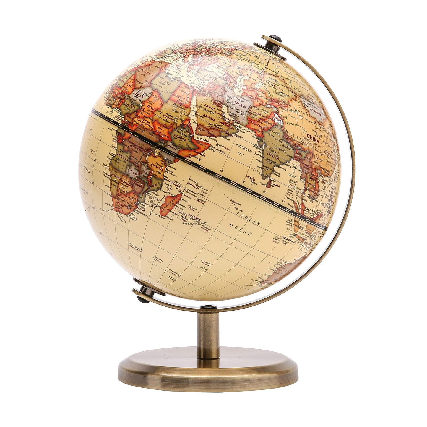Annova Antique Globe 5.5-Inch Desk Globe with Stainless Arc & Base – Educational Geography Decor for School, Home & Office (Brown)