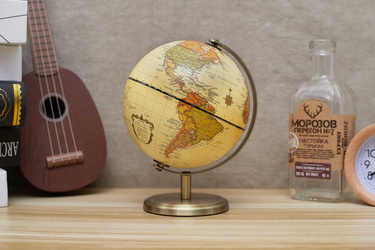 Annova Antique Globe 5.5-Inch Desk Globe with Stainless Arc & Base – Educational Geography Decor for School, Home & Office (Brown)