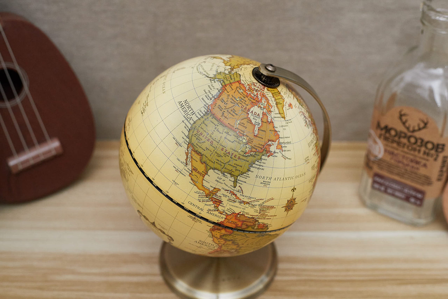 Annova Antique Globe 5.5-Inch Desk Globe with Stainless Arc & Base – Educational Geography Decor for School, Home & Office (Brown)