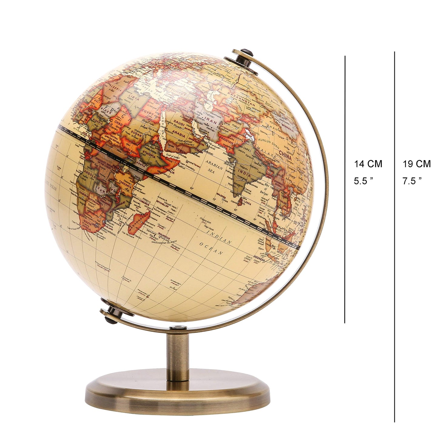 Annova Antique Globe 5.5-Inch Desk Globe with Stainless Arc & Base – Educational Geography Decor for School, Home & Office (Brown)