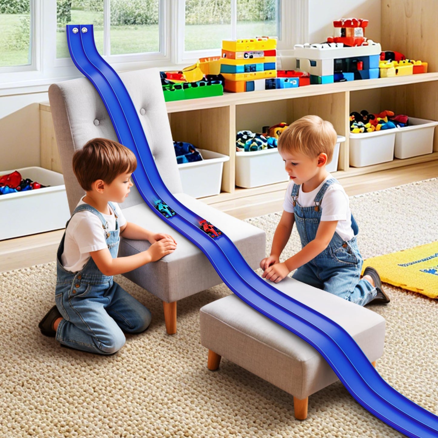 Anoozo 16 Ft Flexible Race Car Ramp Track – Suction Cups, Roll-Up Portable Racing Blue
