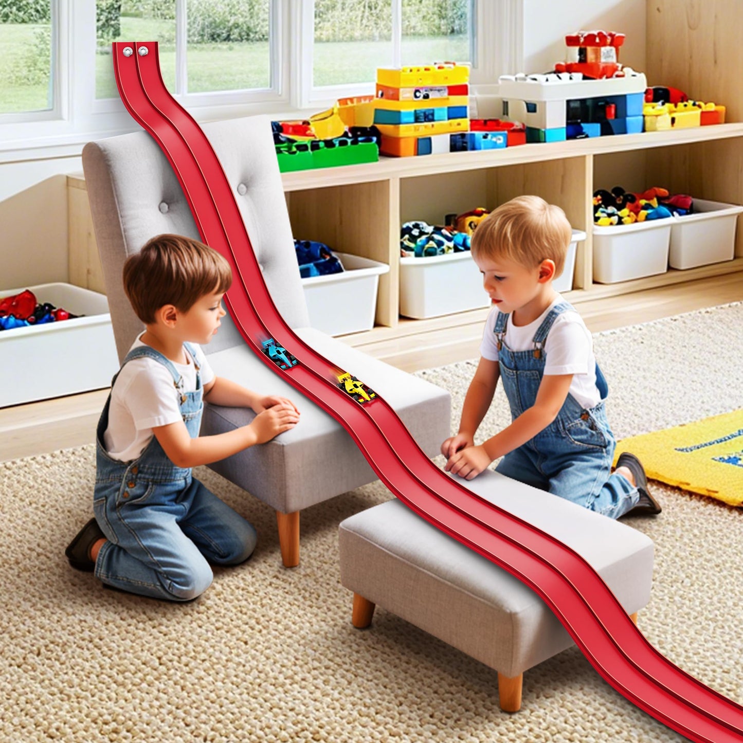 Anoozo 16 Ft Flexible Race Car Ramp Track – Suction Cup Two-Lane Playset for 1/50 Diecast Cars | Portable Racing Red