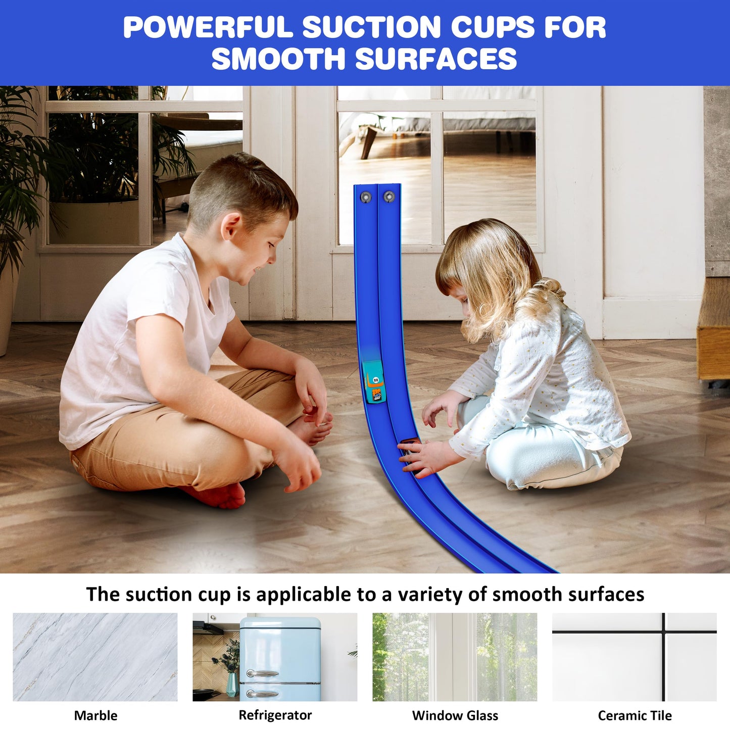 Anoozo 16 Ft Flexible Race Car Ramp Track – Suction Cups, Roll-Up Portable Racing Blue